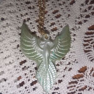 Green & White Phoenix Resin Pendant With Gold Tone 22" Chain Necklace